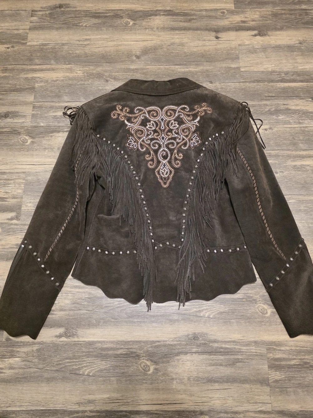 Cripple Creak Women's Brown Leather Fringe Jacket with Embellished Back Size L